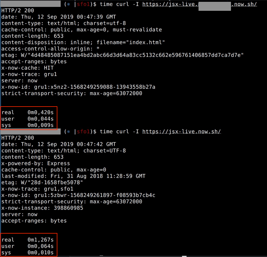 Terminal comparison showing a Now deployment response improving from 1.267 seconds to 0.420 seconds
